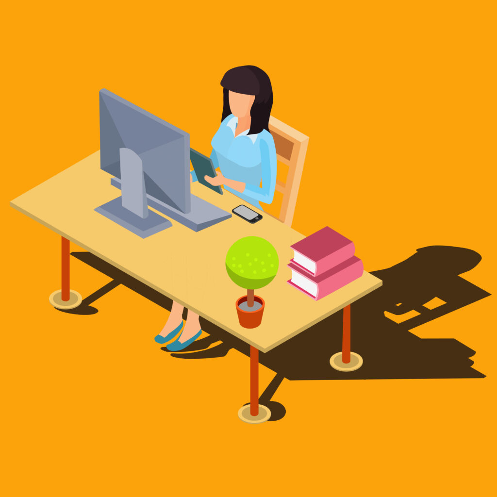 woman working on computer at desk isometric vector